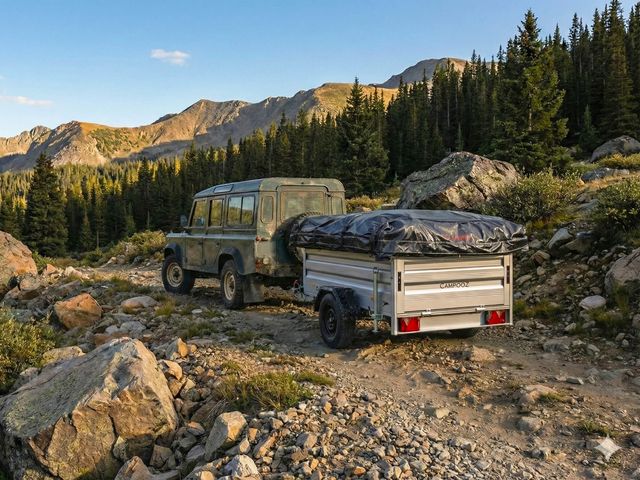 Land Rover Defender trekt de ingeklapte Campooz Lazy Jack over een bergpad in de bergen