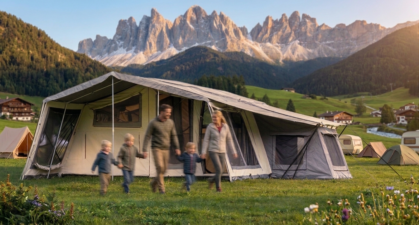 Campooz Lazy Jack met complete voortent (Camping-uitbreiding), opgezet op een bergweide in Oostenrijk