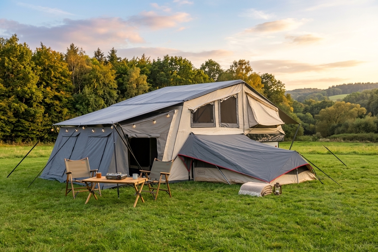Campooz Lazy Jack met de Ugly Betty tweede slaapcabine aangekoppeld, opgezet op een grasveld bij zonsondergang